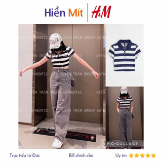 H&M Đức - Áo croptop cổ bẻ có cúc thun cổ polo sọc ngang trắng và xanh dương sale auth new tag 1061512002 HM