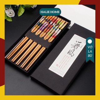 Bộ 5 đôi đũa tre cao cấp kháng khuẩn họa tiết geisha nhật bản
