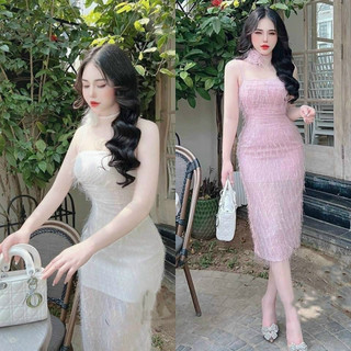 Đầm váy hai dây lông vũ body (có mút ngực) kèm chocker bông cực xinh,sang chảnh cho các nàng đi tiệc T745