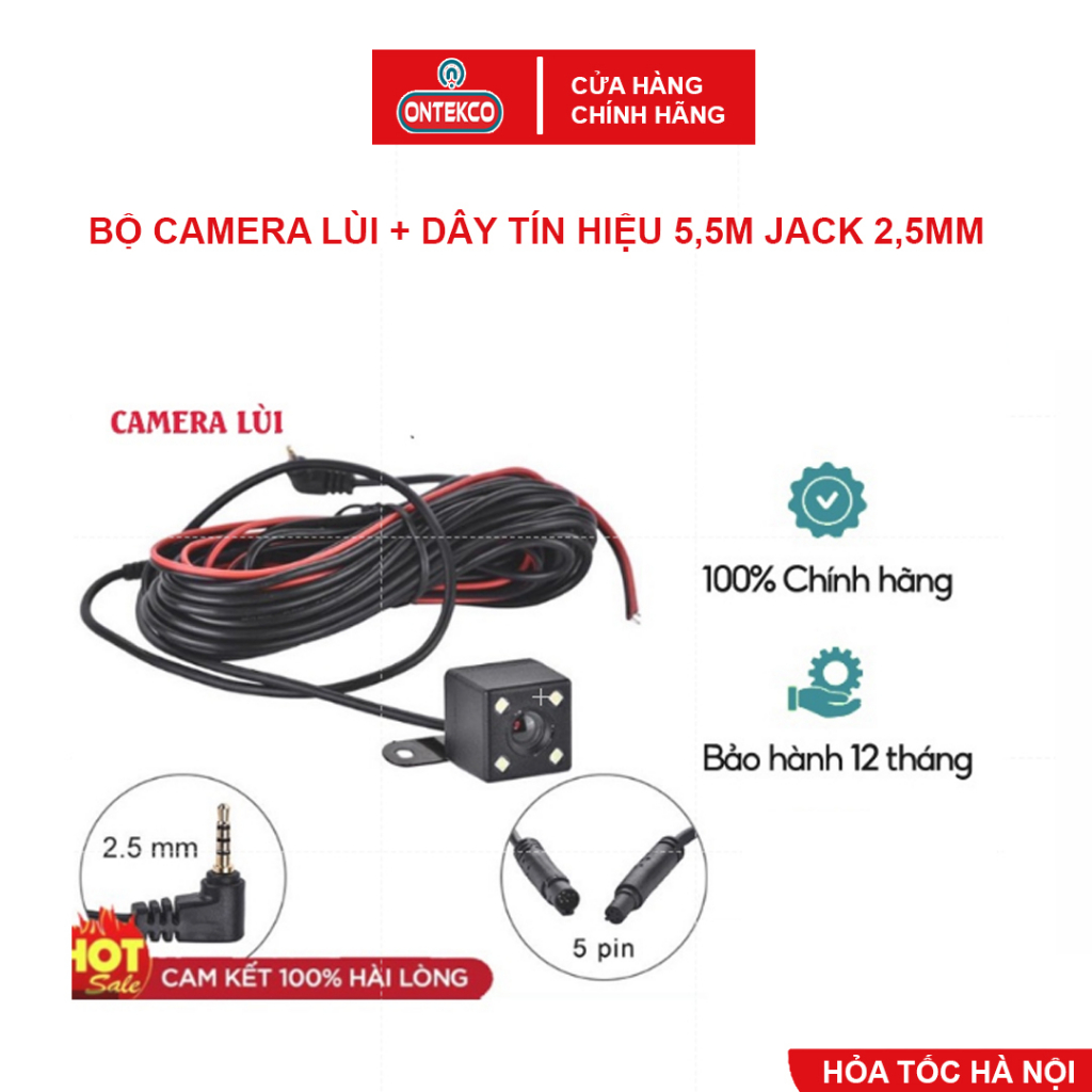 Camera hành trình lùi chân 2,5mm Ontekco 5 chân Bán sỉ dây dài 5,5m/ 10m