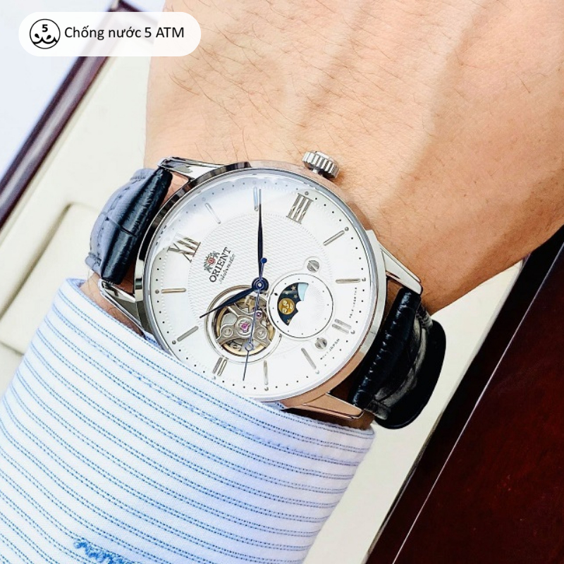 Đồng hồ cơ nam Orient Watch Sun And Moon RA-AS00 mặt lộ cơ kính Sapphire chống xước dây da đeo tay cao cấp chính hãng