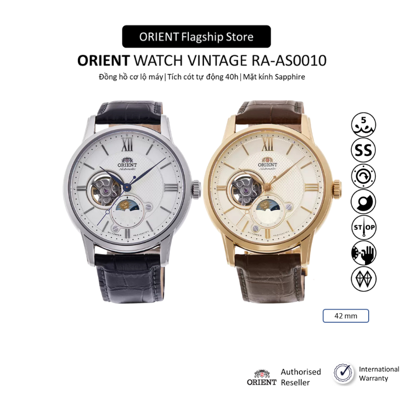 Đồng hồ cơ nam Orient Watch Sun And Moon RA-AS00 mặt lộ cơ kính Sapphire chống xước dây da đeo tay cao cấp chính hãng