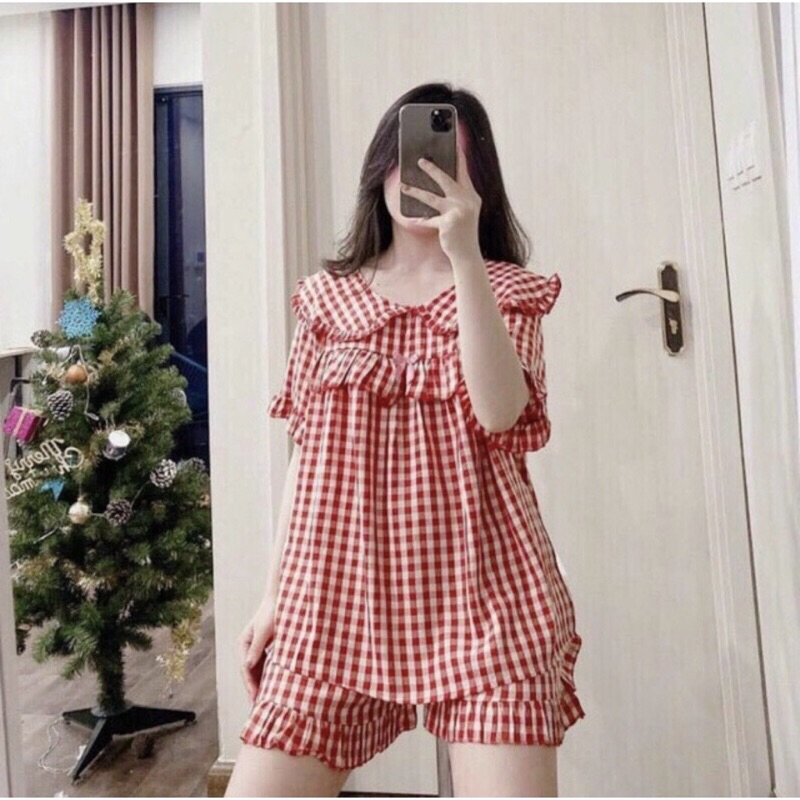 Bộ bầu đùi babydoll cổ bèo kẻ caro cực trẻ trung xinh xắn, chất đũi kẻ cao cấp mềm nhẹ mát- B06