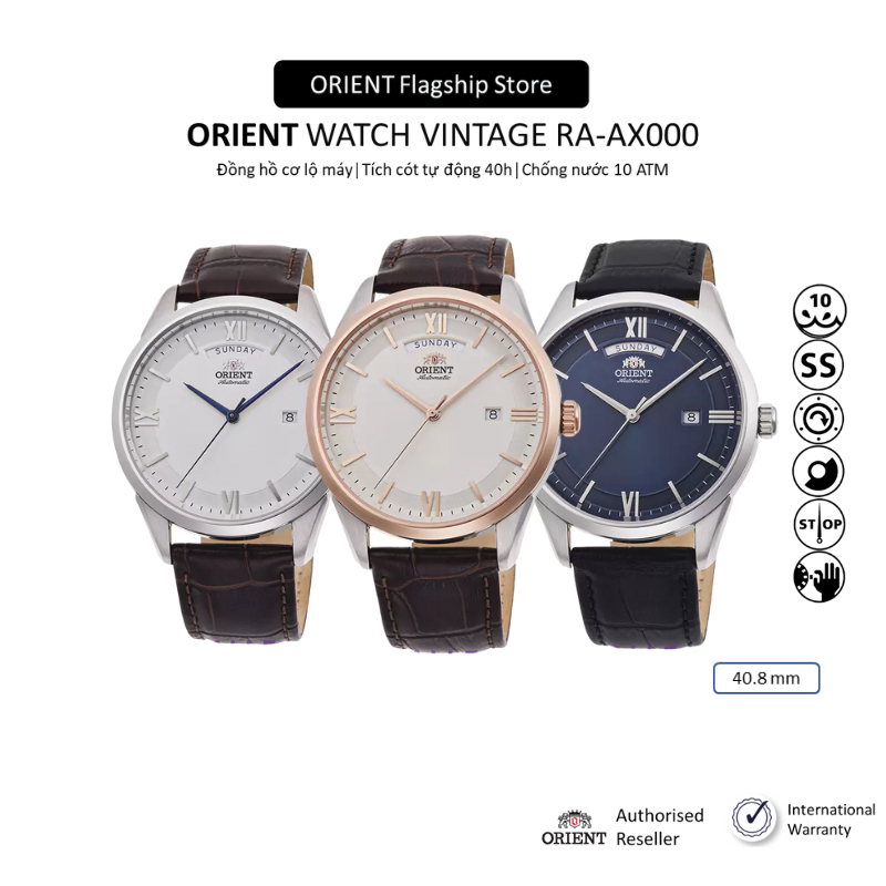 Đồng hồ cơ nam Orient Watch Vintage RA-AX000 mặt đáy lộ cơ kính cường lực dây thép đeo tay cao cấp chính hãng