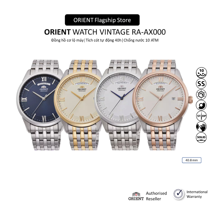 Đồng hồ cơ nam Orient Watch Vintage RA-AX000 mặt đáy lộ cơ kính cường lực dây thép đeo tay cao cấp chính hãng