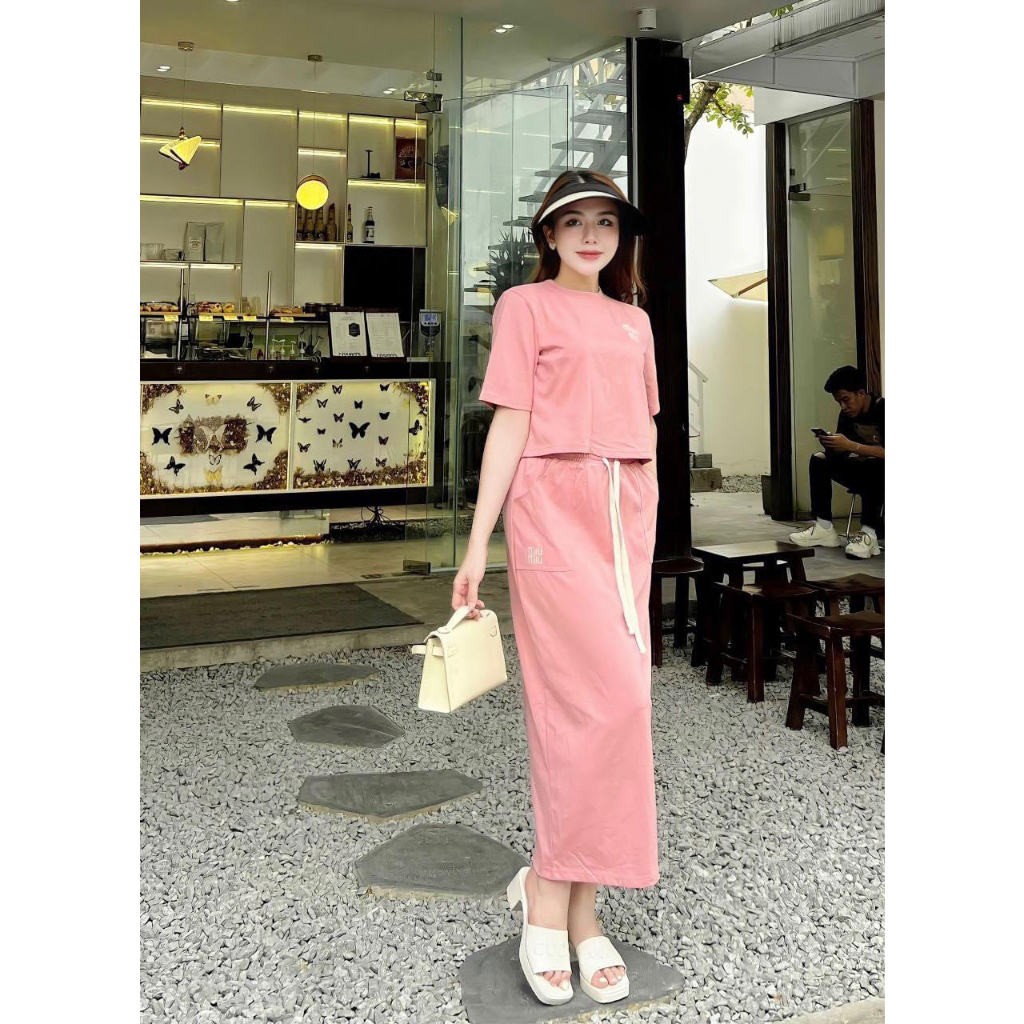 Set Áo Croptop Kèm Chân Váy Dáng Dài Chất Cotton Cao Cấp