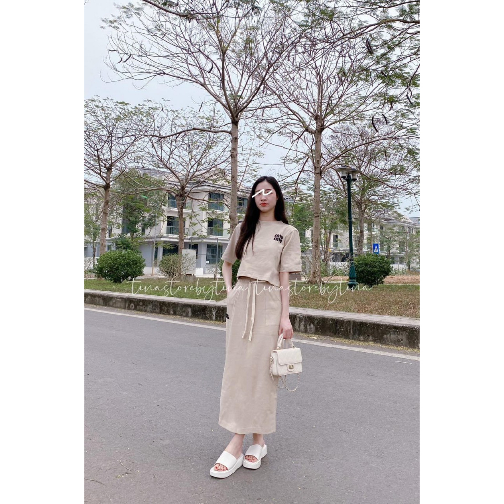 Set Áo Croptop Kèm Chân Váy Dáng Dài Chất Cotton Cao Cấp