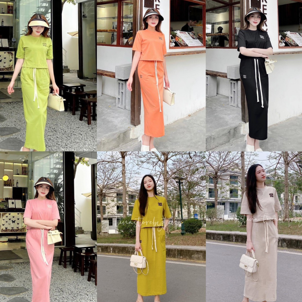 Set Áo Croptop Kèm Chân Váy Dáng Dài Chất Cotton Cao Cấp