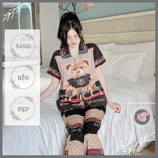 Bộ pyjama lụa mango tay cộc quần dài in 3d 2 mặt họa tiết gấu h3rm3s guccy