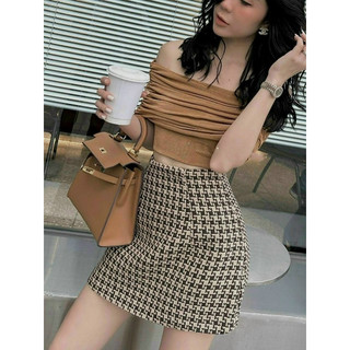 Set áo thun nữ trễ vai kèm chân váy dạ chữ A kèm ảnh thật - set nữ thu đông trễ vai, chân váy caro dạ sang chảnh M738