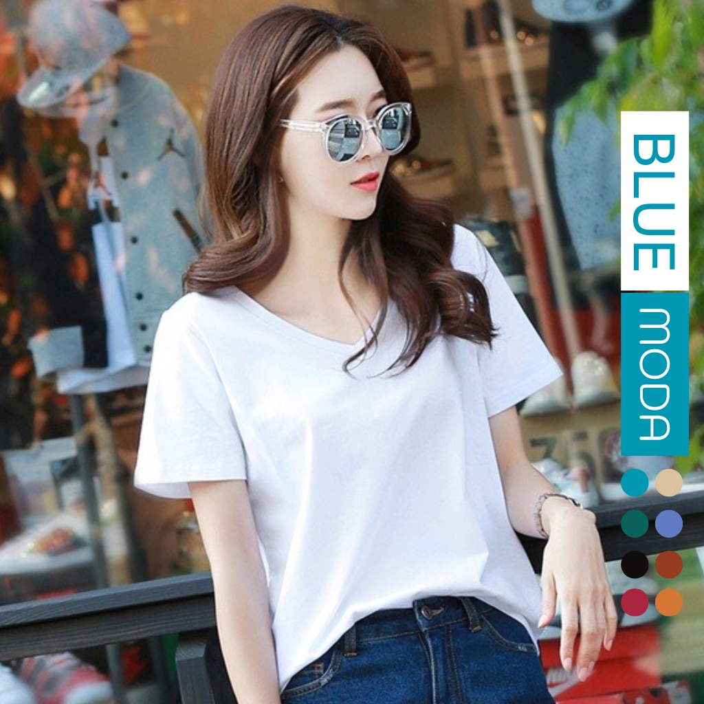 Áo phông nữ thun trơn cổ tim tay ngắn cotton basic dáng suông 2 mầu trắng, đen BLUEMODA205