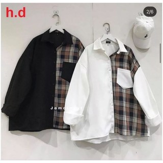 Áo sơ mi dài tay phối caro ulzzang, áo sơ mi nam nữ unise,
