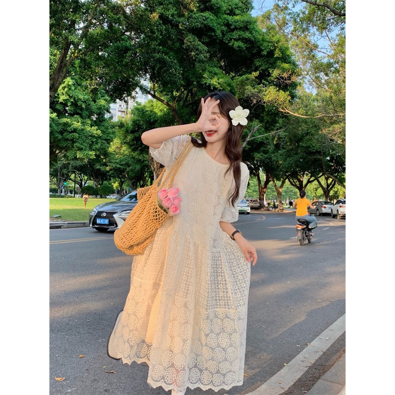 Đầm váy xuông ren baby doll đi biển trắng babydoll maxi