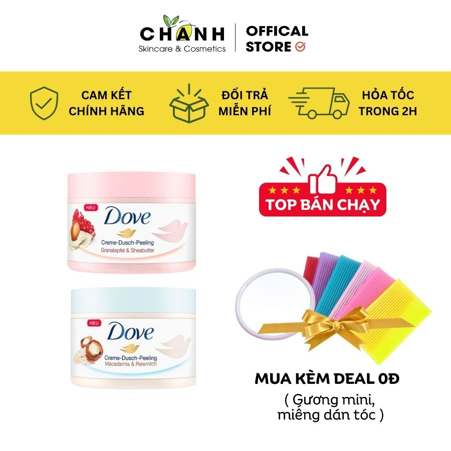 Tẩy da chết body DOVE Macca, Lựu đỏ giúp da mịn màng chiết xuất từ thiên nhiên ( bản Đức 225ml )