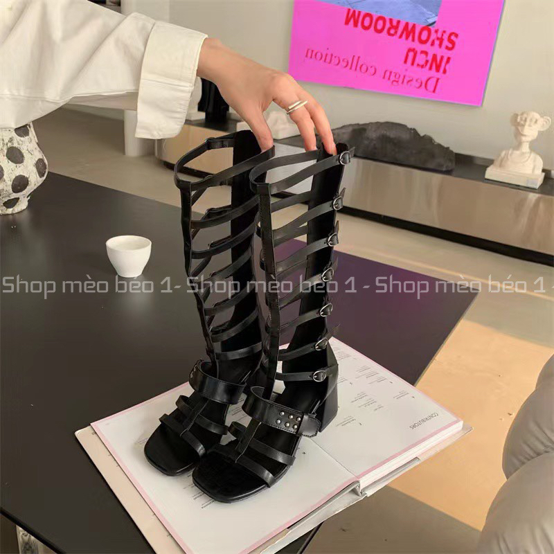 Sandal chiến binh giọ quai đan ngang móc cài khoá sau gót vuông fullbox