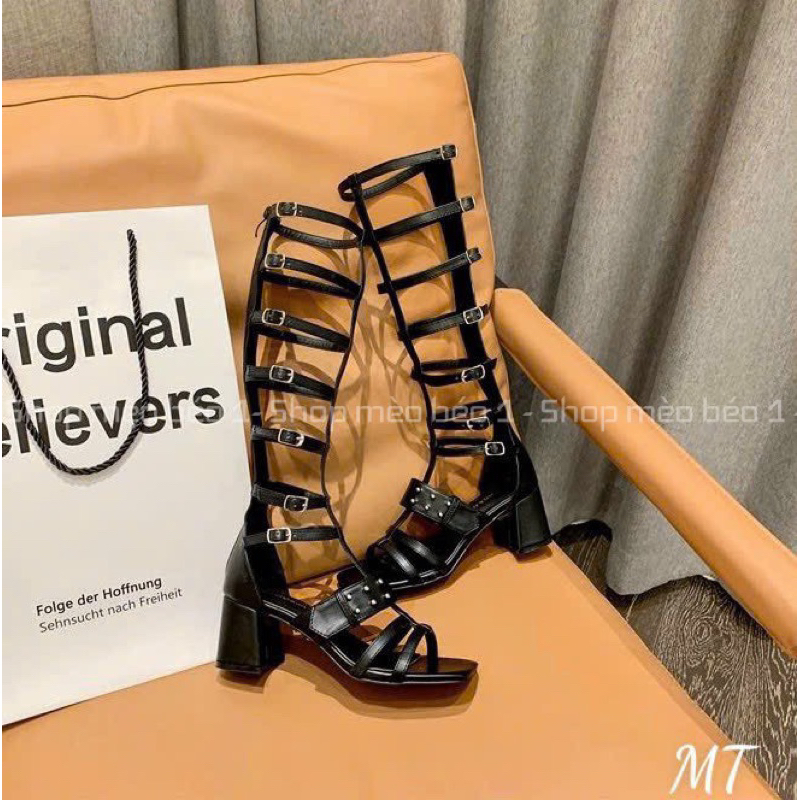 Sandal chiến binh giọ quai đan ngang móc cài khoá sau gót vuông fullbox