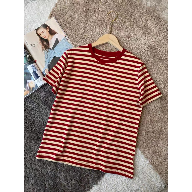 Áo thun cotton nữ họa tiết kẻ basic, chất liệu cotton 4 chiều, co giãn và thấm hút mồ hôi tốt