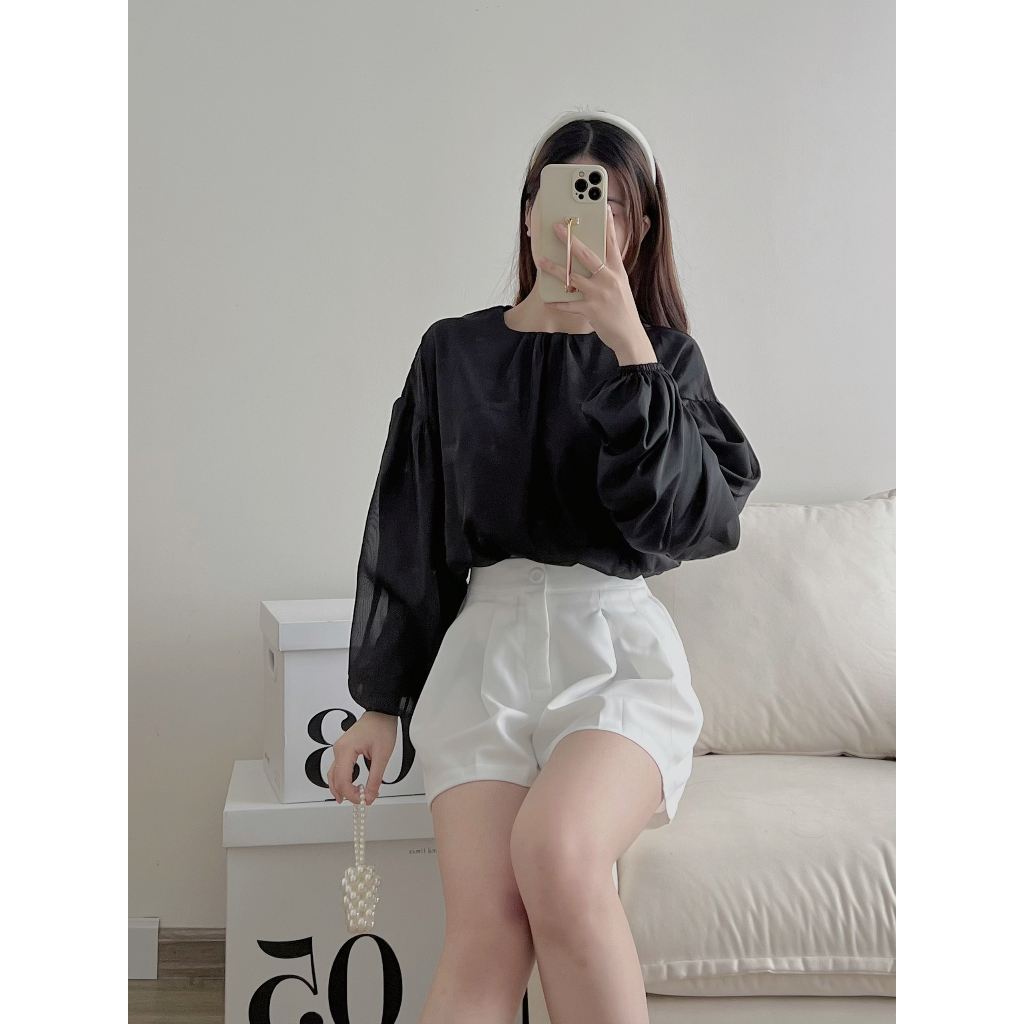 [SẴN/VIDEO] SET ÁO SƠ MI TAY BỒNG BO CHUN DÁNG CROPTOP VÀ QUẦN ĐEP CẠP CAO