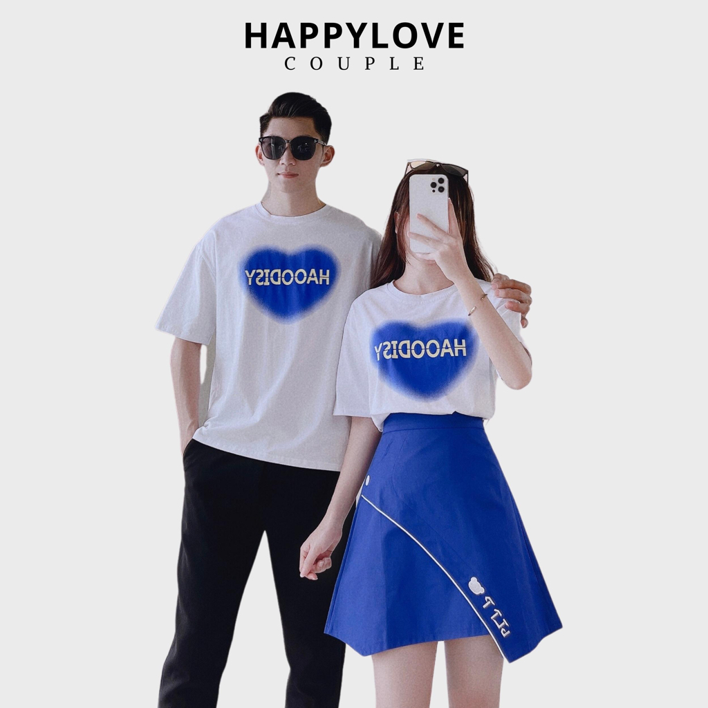 Áo thun cặp đôi nam nữ mùa hè form rộng HAPPPYLOVE màu trắng trái tim xanh mix chân váy M005