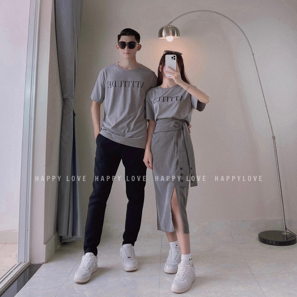 Đồ đôi nam nữ áo phông cặp màu ghi xám thời trang couple HAPPYLOVE áo thun Quảng Châu M010