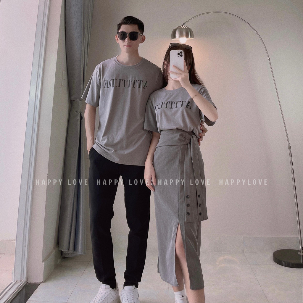 Đồ đôi nam nữ áo phông cặp màu ghi xám thời trang couple HAPPYLOVE áo thun Quảng Châu M010