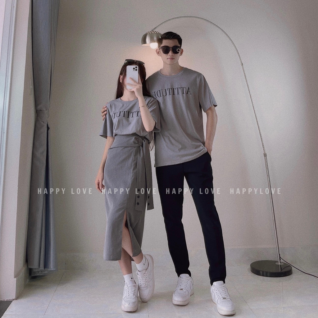 Đồ đôi nam nữ áo phông cặp màu ghi xám thời trang couple HAPPYLOVE áo thun Quảng Châu M010
