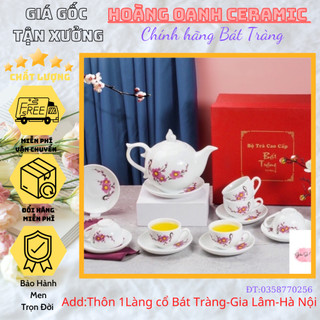 Bộ Ấm chén pha trà giá nhà lò Bát Tràng-men Sứ Trắng vẽ hoa Sen,hoa Đào-dáng ấm Chóp