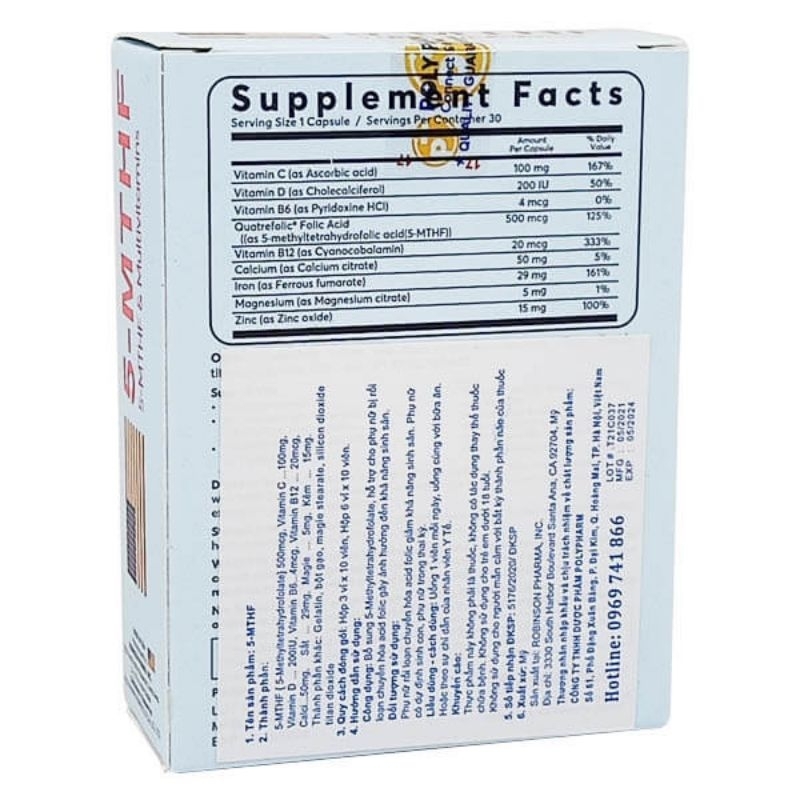 5-MTHF hộp 30 viên, bổ sung acid folic, 5mthf,sắt, canxi, và các vitamin cho bà bầu, tăng thụ thai, ngừa dị tật thai nhi