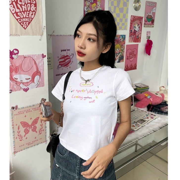 Áo phông thun cotton baby tee in Loving me basic form cổ tròn tay ngắn 658 FIORI STORE