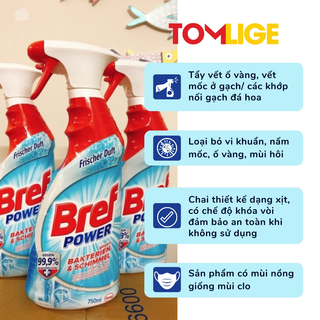 Tẩy Nấm Mốc Bref Power, Xịt Khử Khuẩn Vệ Sinh Nhà Tắm 750ml Tomlige Hàng Đức