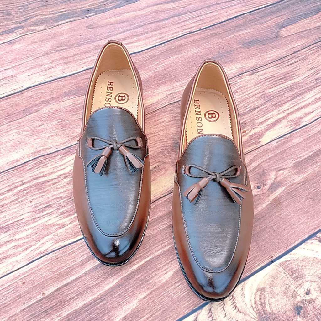Giày da nam công sở patina màu nâu buộc nơ giày lười nam da thật đế cao su size 38-43