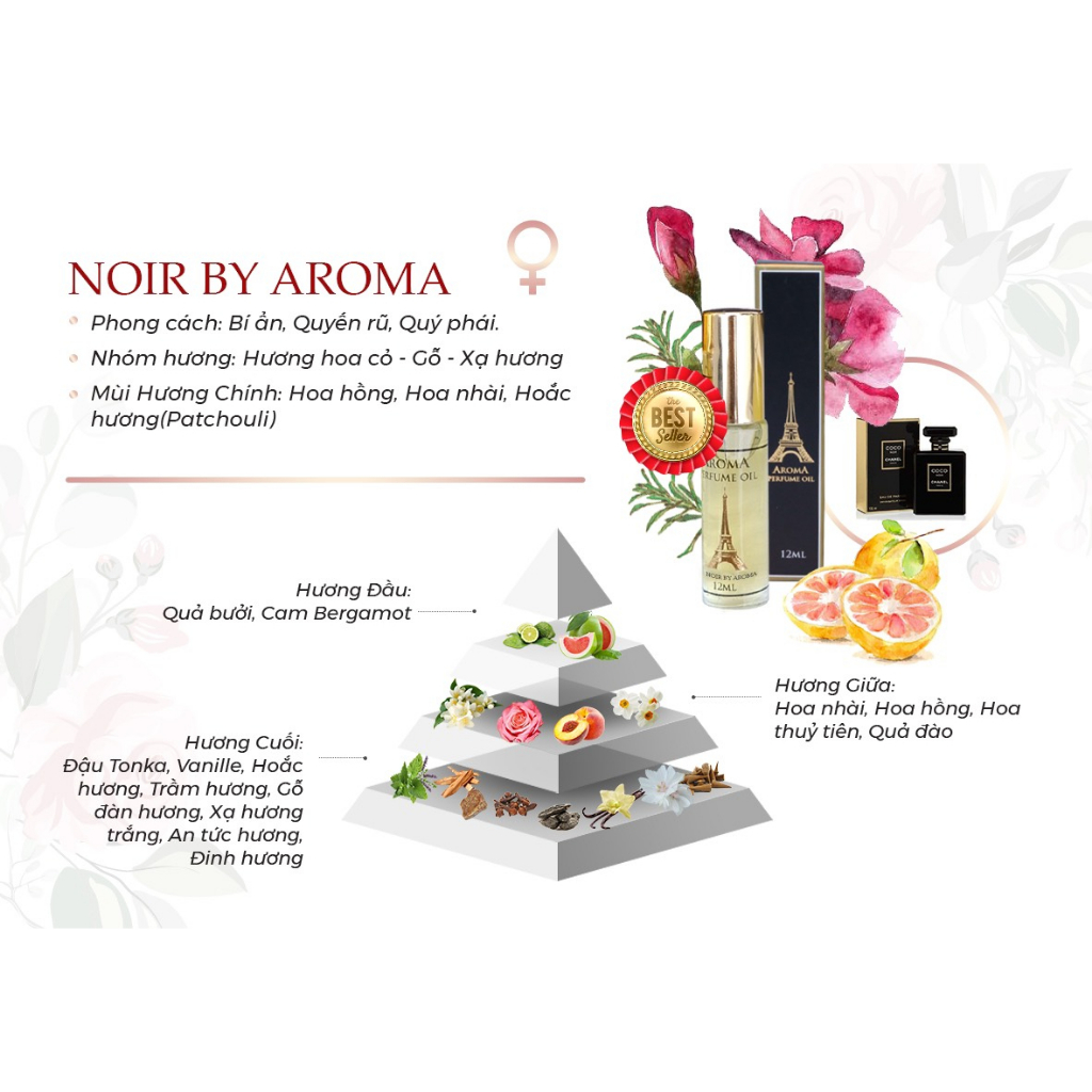 TINH DẦU NƯỚC HOA PHÁP CHÍNH HÃNG AROMA COCO NOIR 12ml, Nữ Tính, Gợi Cảm, Lôi Cuốn Lưu Hương Cực Lâu - Dạng Lăn