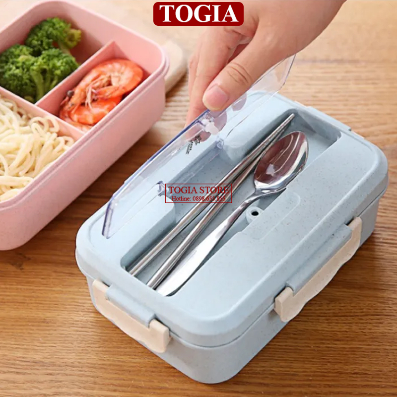 Hộp Cơm Lúa Mạch Chia Ngăn - Hôp Cơm Văn Phòng 3 Ngăn Kèm Đũa Thìa Sử Dụng Lò Vi Sóng An Toàn TOGIA