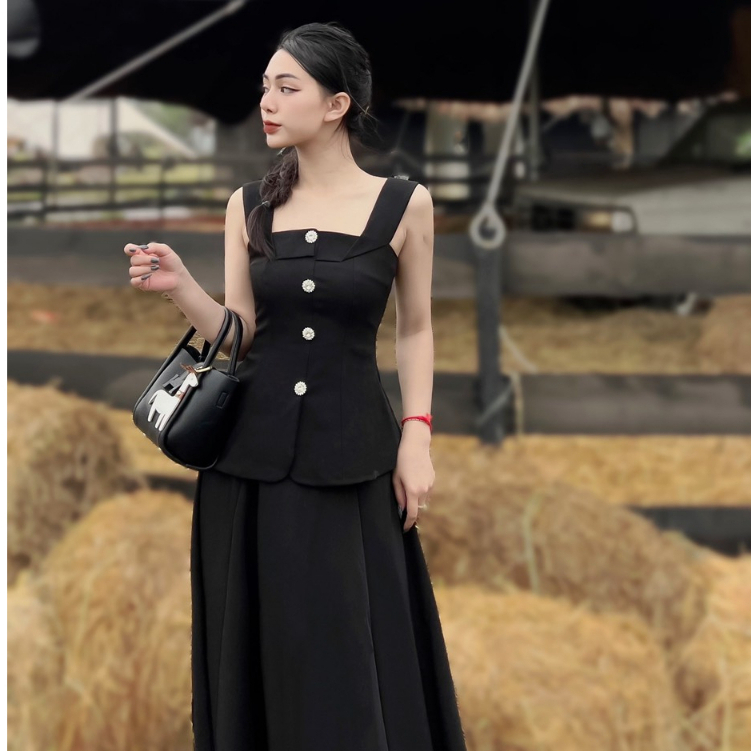 Set đồ nữ sang chảnh tiểu thư chân váy midi nữ phối áo 2 dây bản to thiết kế đi dự tiệc cưới sự kiện dạ hội công sở LEVA
