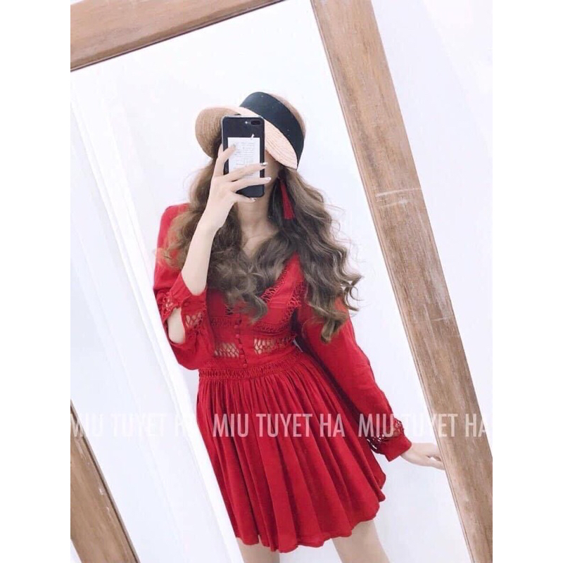 Đầm xòe vintager phối ren tay dài bồng cổ tim free size 40kg-52kg
