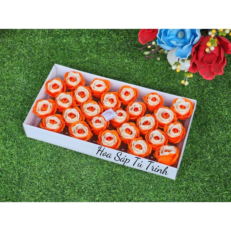 Hoa giả - Hoa sáp,hoa hồng sáp 5 lớp bó hoa hộp 25 đầu bông