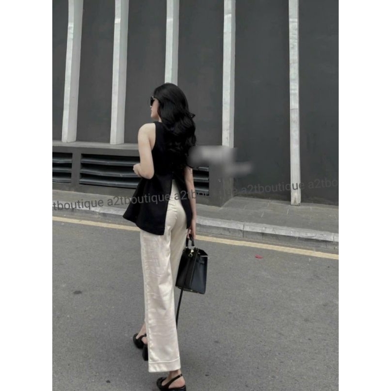 Set yếm nút bọc sát nách xẻ lưng quần suông hack dáng