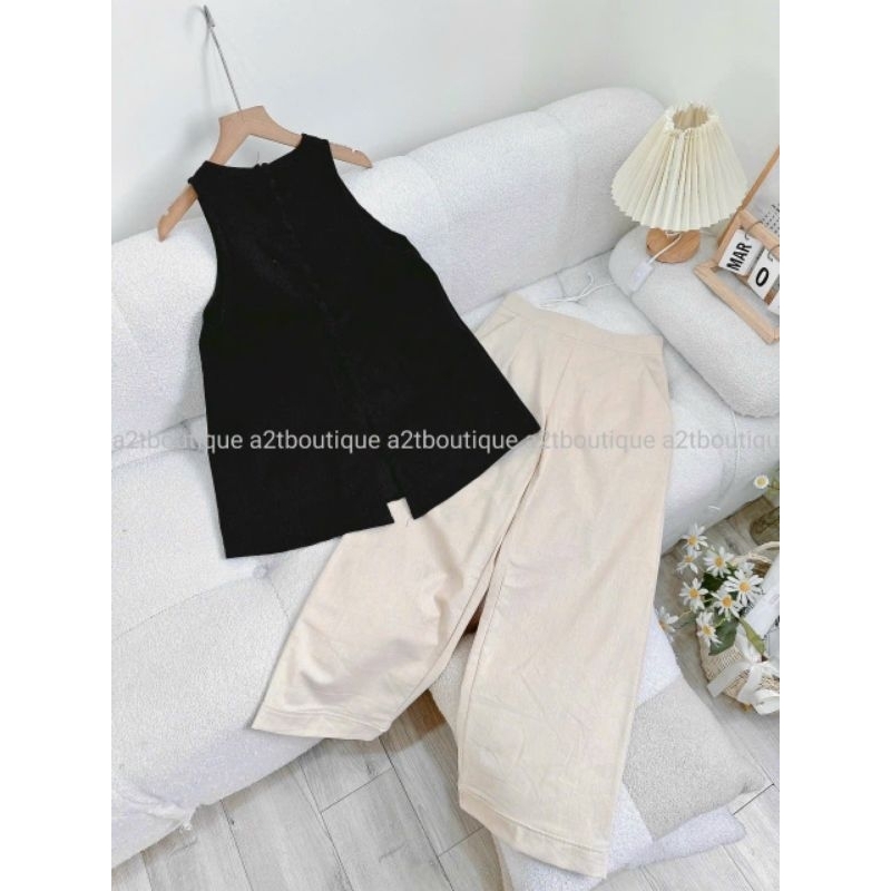 Set yếm nút bọc sát nách xẻ lưng quần suông hack dáng