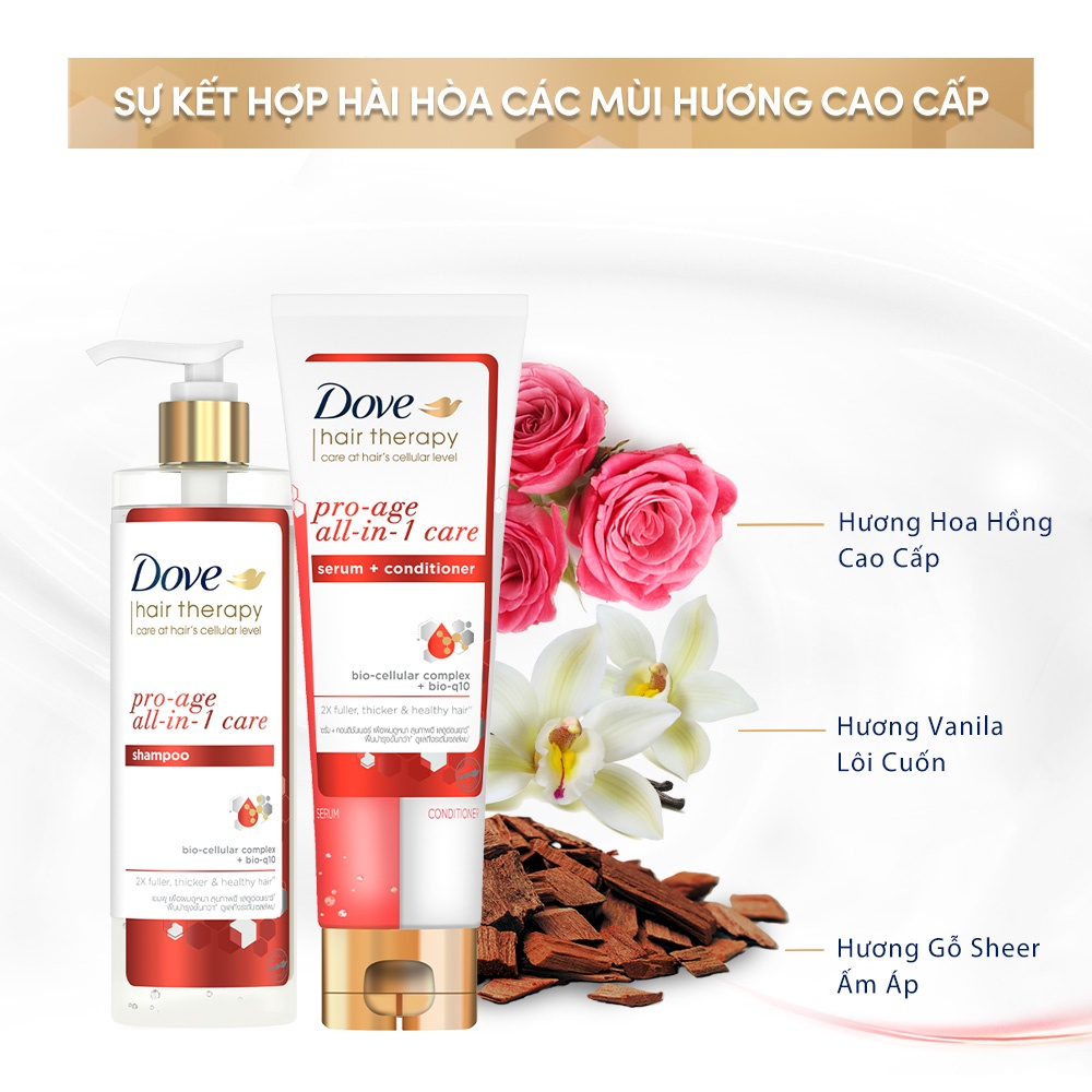 Sale Sốc Bộ Dầu Gội và Kem Xả Serum Dove Hair Therapy Pro-Age All-In-1 Ngăn Lão Hóa