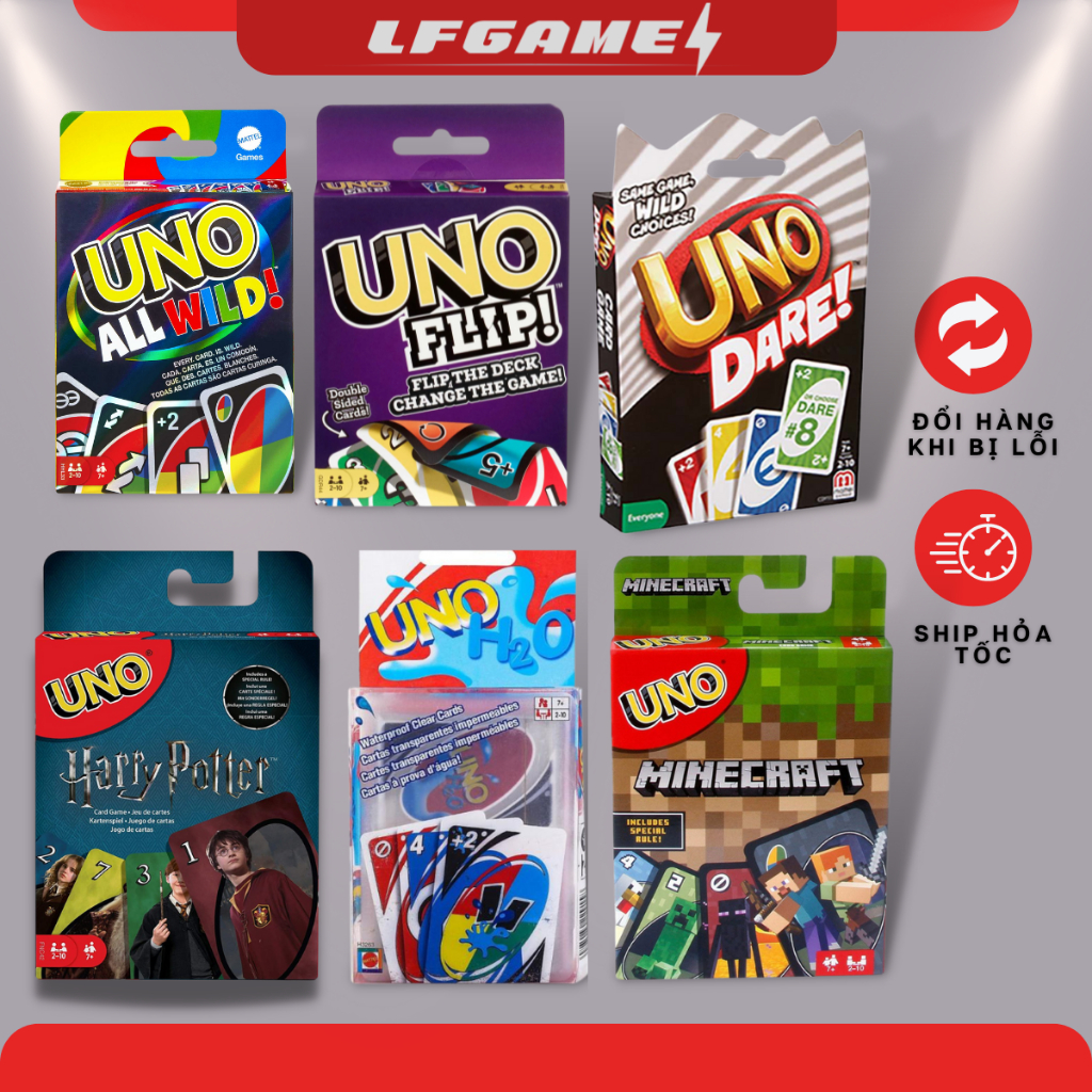 Bộ bài Uno mở rộng 112 lá siêu cấp Uno Flip Uno Dare Uno Harry Potter Uno MineCraft BoardGame chất lượng