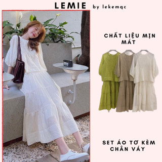 Sét Tơ Nhăn Tiểu Thư 2 Lớp Phong Cách Vintage Hàn Quốc S006, Set Đi Biển Áo Babydoll Tơ Chân Váy Dài Ảnh Thật Lekemqc