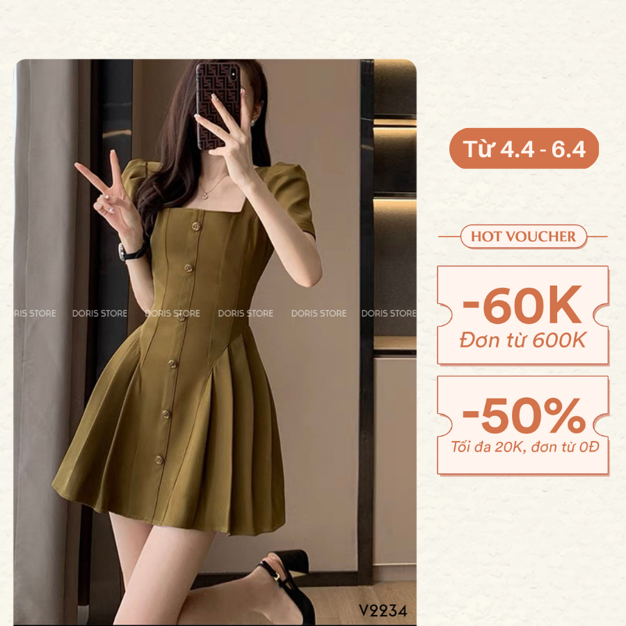Váy thiết kế dáng ngắn DORIS cổ vuông tay ngắn phối khuy cách điệu chất liệu Tuýt xi cao cấp đứng form thanh lịch V2234