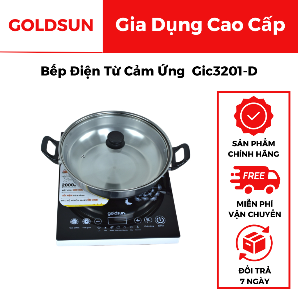 Bếp điện từ cảm ứng Goldsun GIC3201-D, tặng kèm nồi lẩu tiện dụng, bếp hồng ngoại mặt kính chịu nhiệt bảo hành 12 tháng