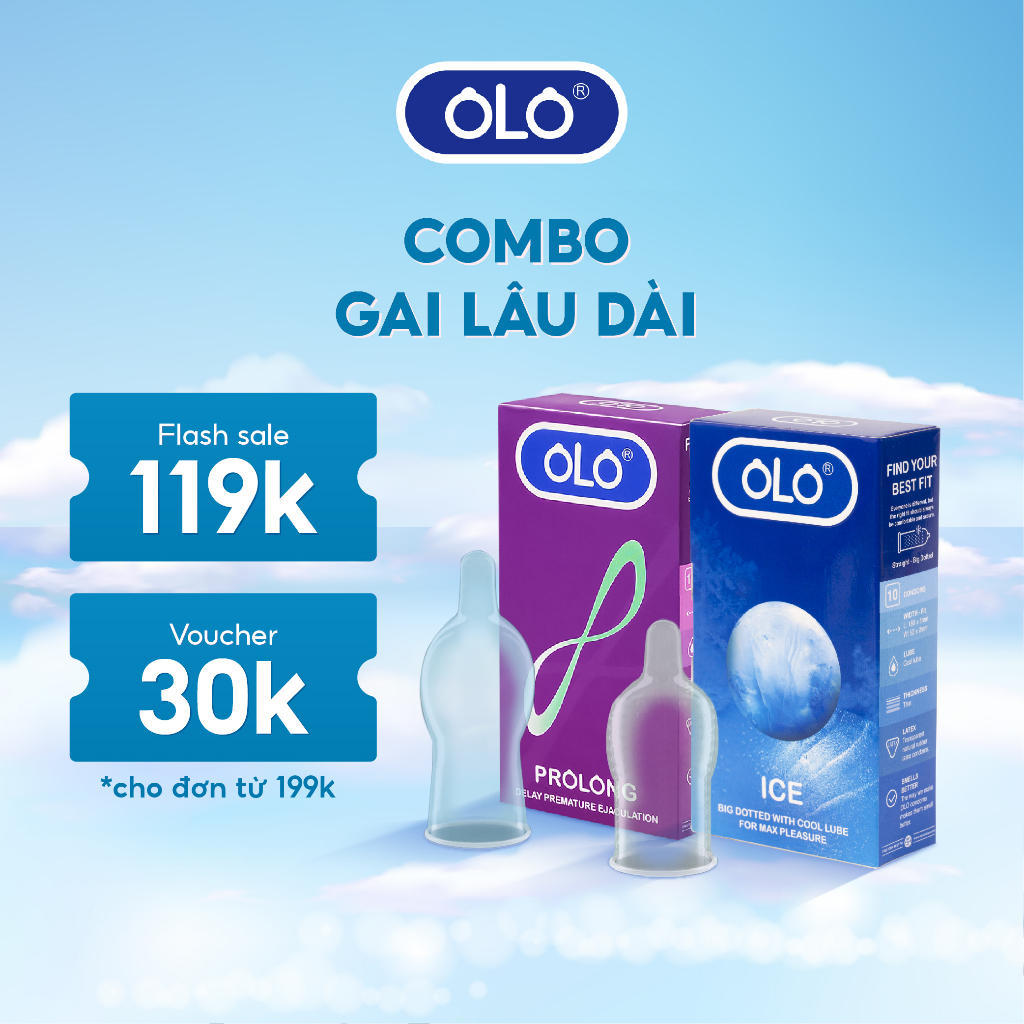 Combo 2 hộp bao cao su OLO Ice & Prolong - 20 cái, size 52mm, kéo dài thời gian, hương vani & bạc hà