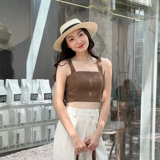 HOO DESIGN -  Áo 2 dây bản to dáng croptop khóa kim loại sau lưng màu nâu