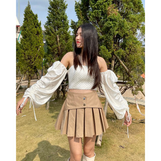 Áo Croptop Trễ Vai Vải Gấm Tay Rút Dây Tiểu Thư Màu Trắng - HOO DESIGN
