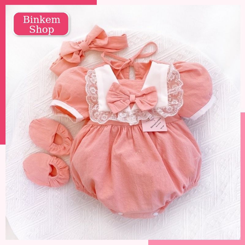 Body bé gái màu hồng dễ thương tặng kèm phụ kiện turban và giày