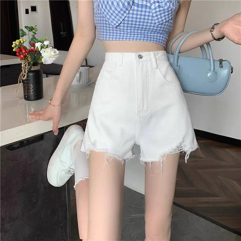 Quần Short Kaki Trắng Đen Nữ Lưng Cao Rách Nhẹ Tôn Dáng Phong Cách Ulzzang