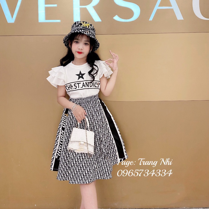 Set áo  thun tay bèo cánh tiên + chân váy kaki doir sang chảnh diện hè cho bé gái size đại 17kg-41kg