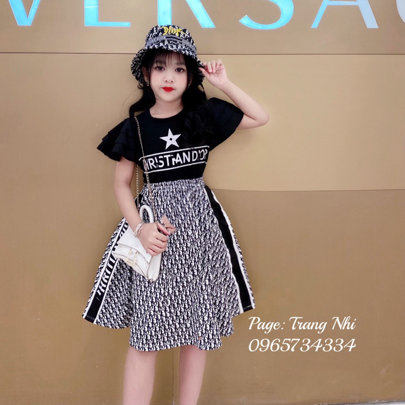 Set áo  thun tay bèo cánh tiên + chân váy kaki doir sang chảnh diện hè cho bé gái size đại 17kg-41kg